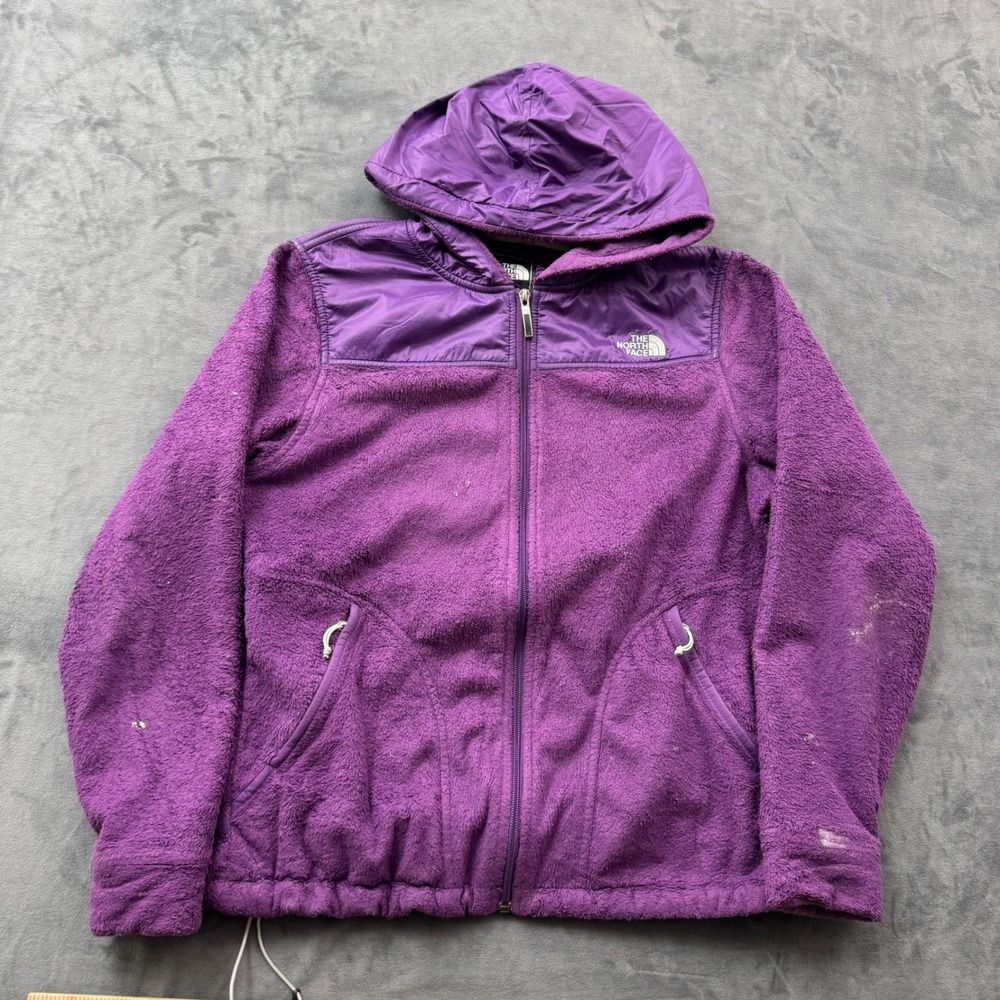 The North Face Womens Purple Denali Hooded Fleece Jacket Large Full Zip Stained
